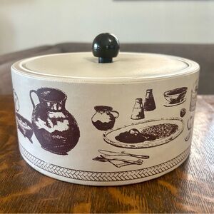 Vintage Style Round Covered warmer  Box in Cream with Brown Print vinyl